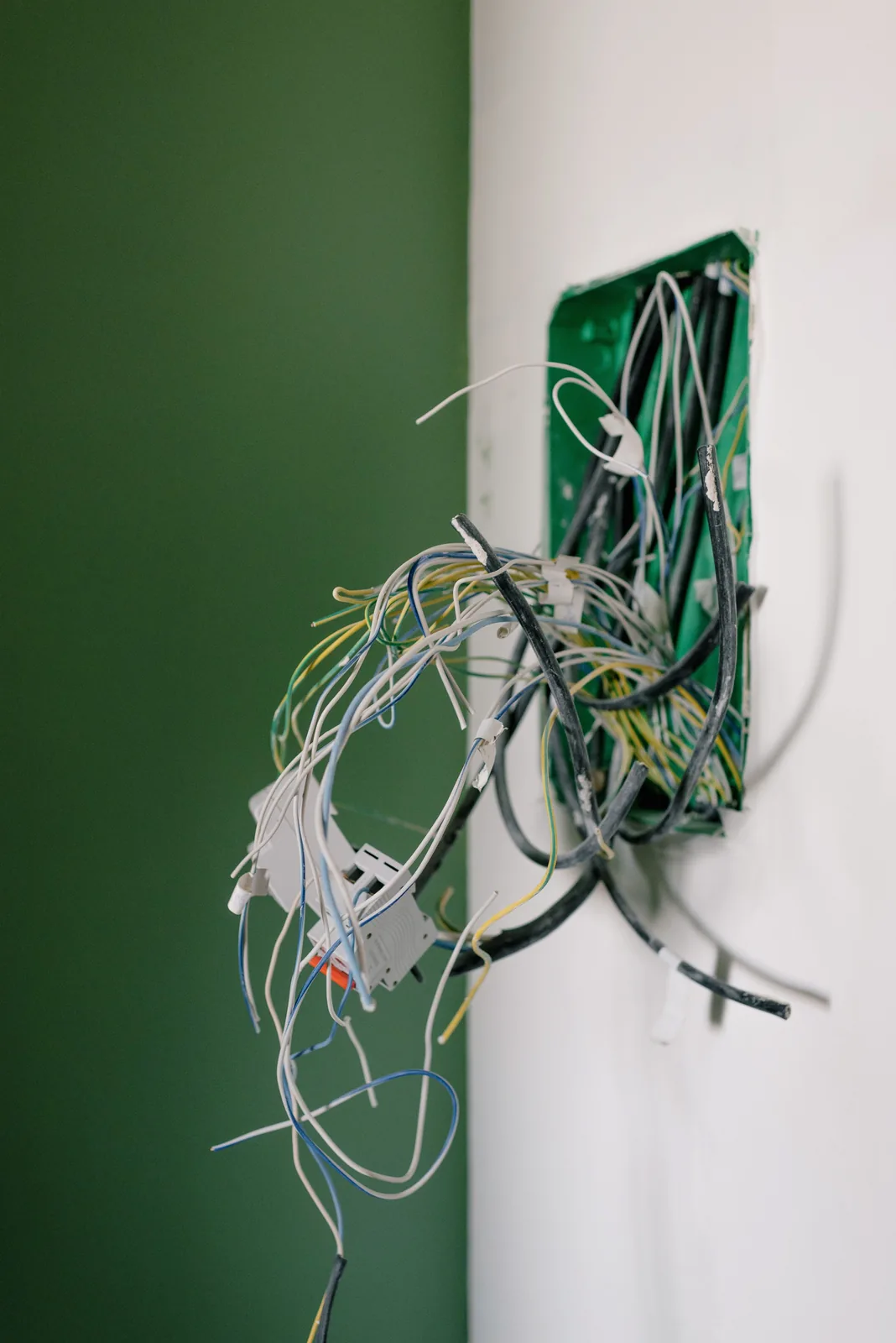 Old wiring spilling out of a junction box, for electrician in Detroit