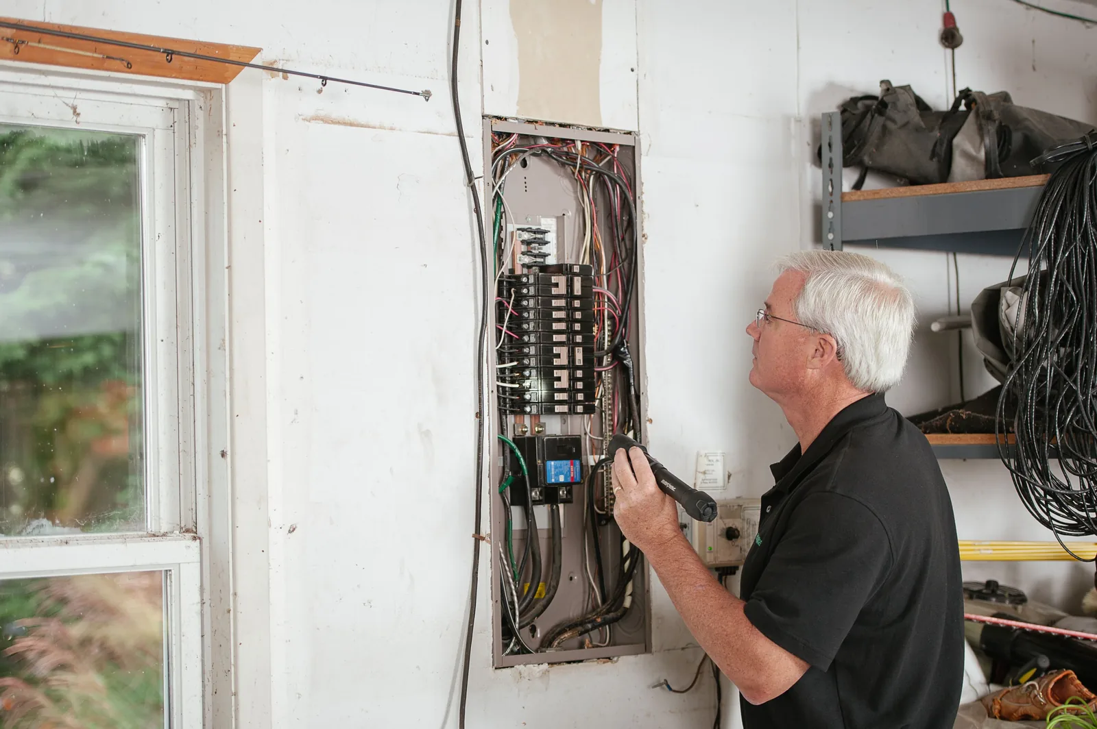 An electrician checking an open residential panel by torchlight, for level 2 charger in Detroit